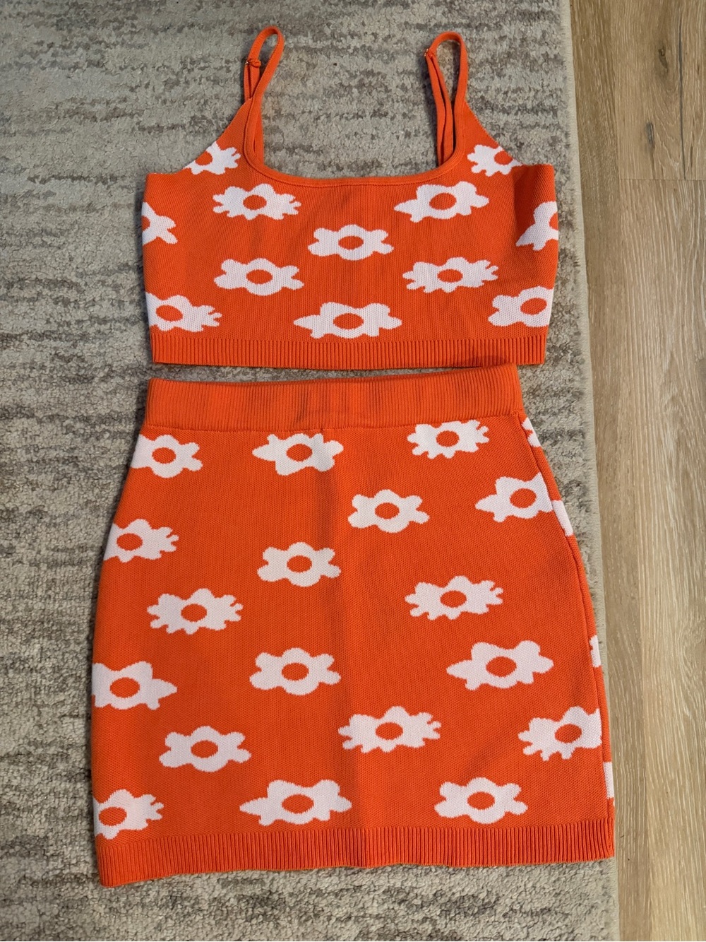 Floral Knit Crop Top & Mini Skirt Set - Orange